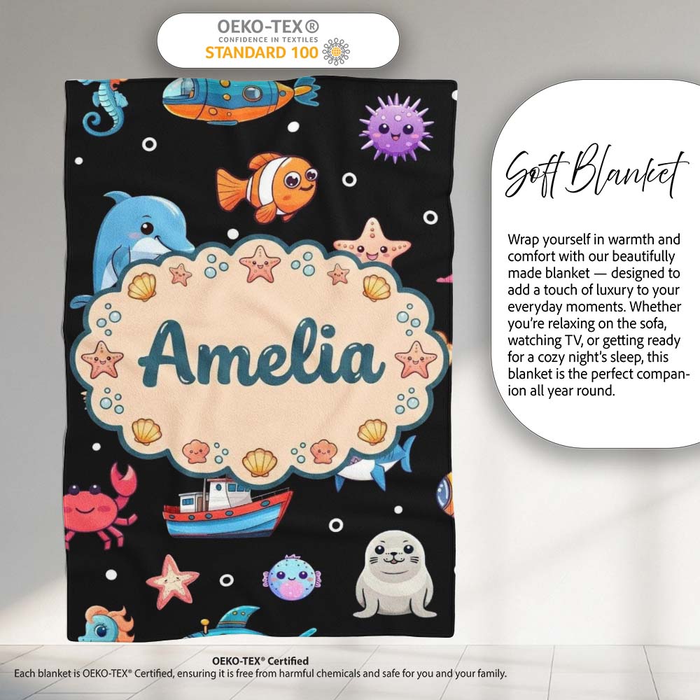 Cartoon Sea Animals Diver Dolphin Shark Lighthouse Black Bubble Personalised Custom Name Super Soft Fleece Blanket Bed Sofa Throw