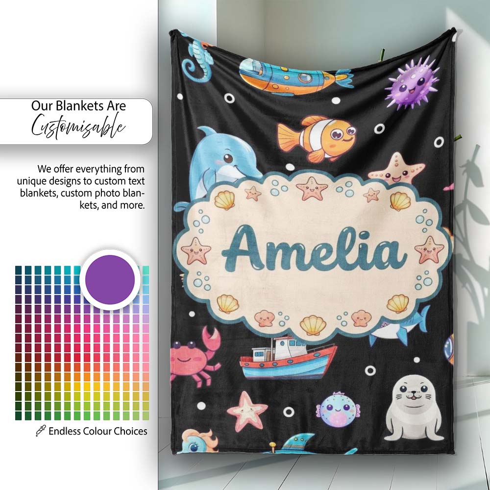 Cartoon Sea Animals Diver Dolphin Shark Lighthouse Black Bubble Personalised Custom Name Super Soft Fleece Blanket Bed Sofa Throw