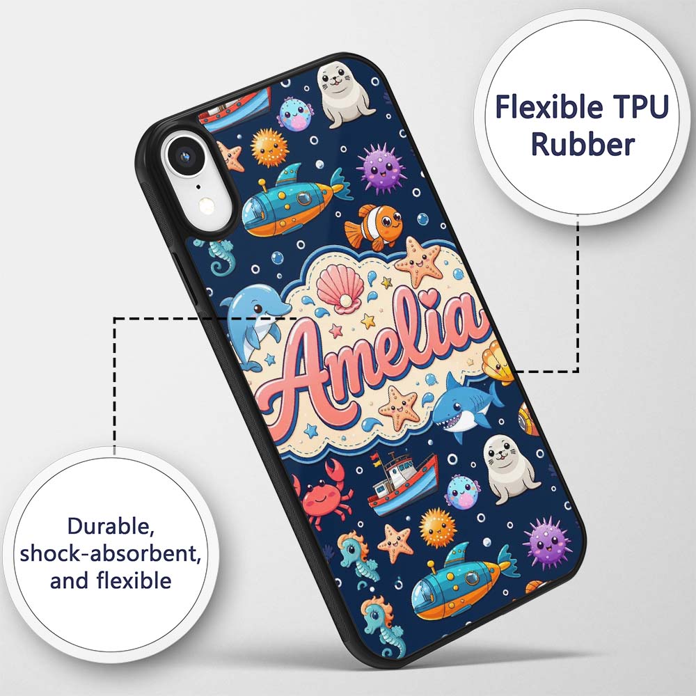 Cartoon Sea Animals Diver Dolphin Shark Crab Boat Custom Name Protective Phone Case Mobile Cover Durable Everyday Smartphone Shock Resistant