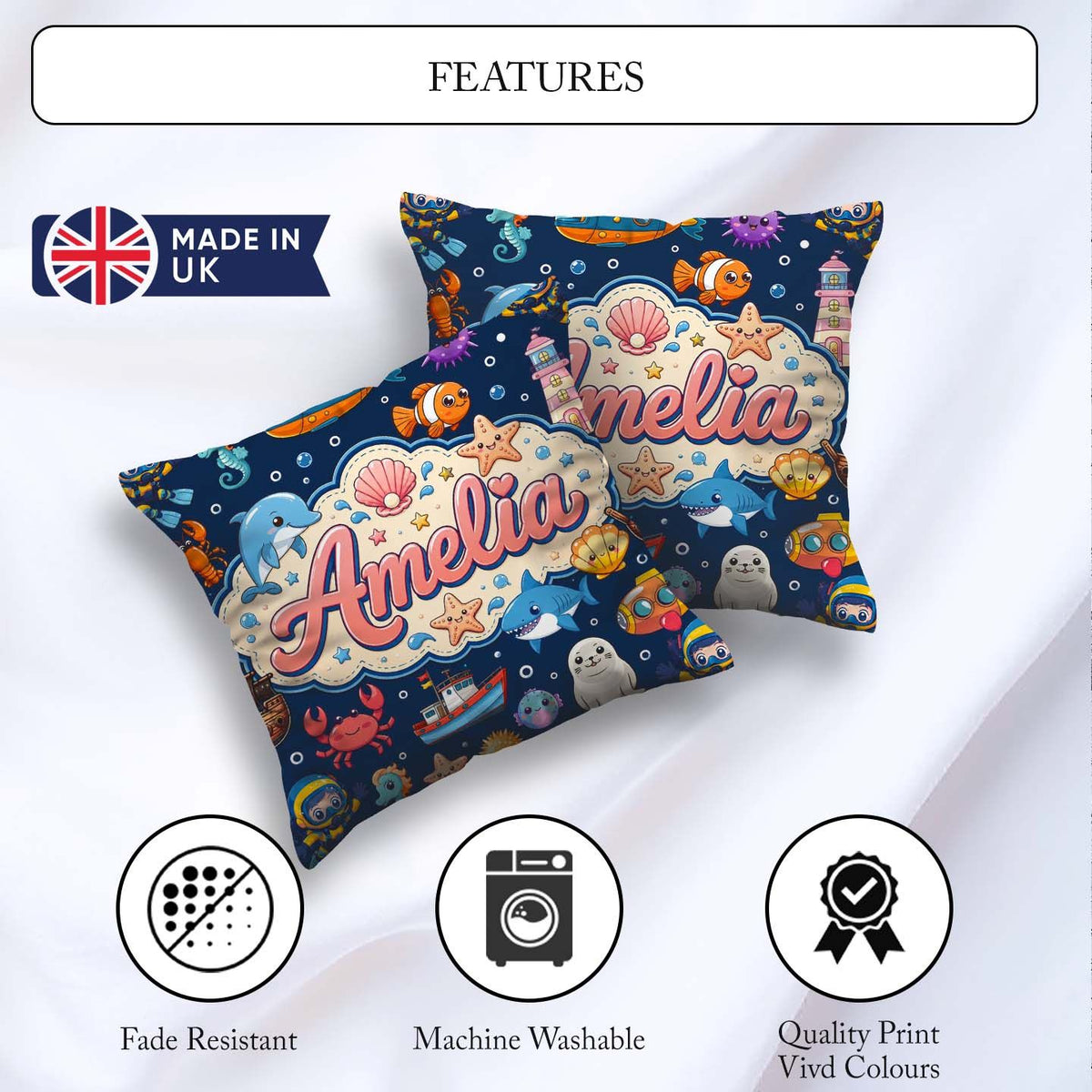 Custom Name Cartoon Sea Animals Diver Crab Boat Navy Blue Bubble Square Filled Cushion Throw Pillow Sofa Bed Home Decor Zip Washable UK Made