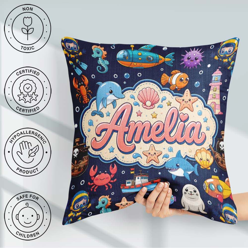 Custom Name Cartoon Sea Animals Diver Crab Boat Navy Blue Bubble Square Filled Cushion Throw Pillow Sofa Bed Home Decor Zip Washable UK Made