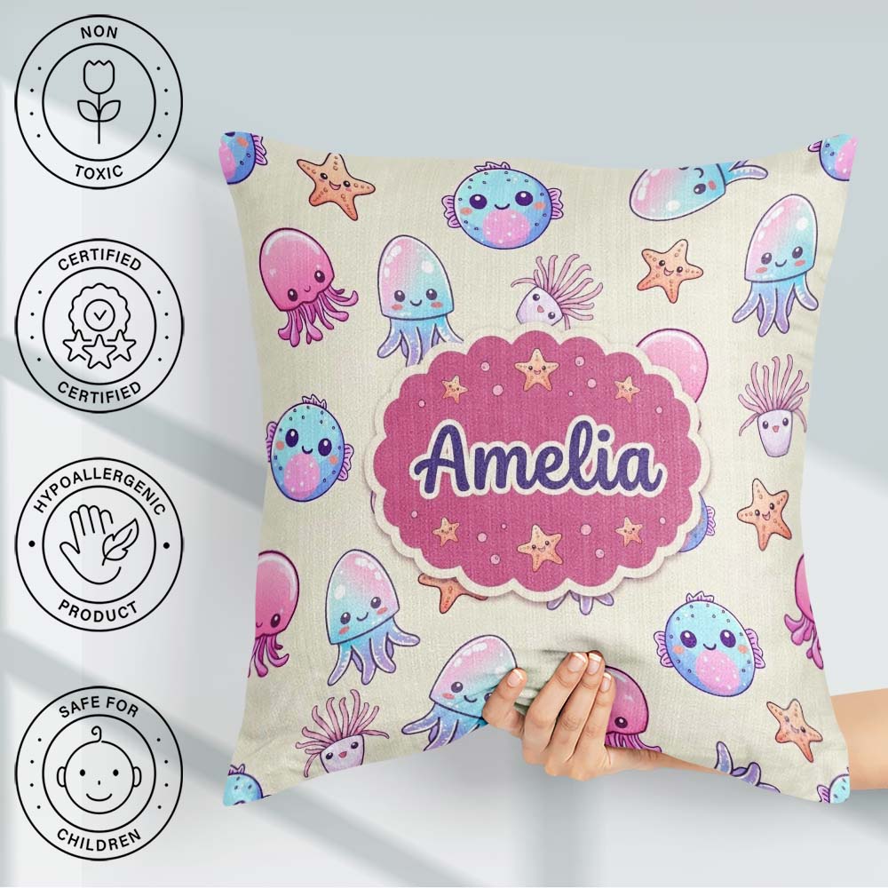 Custom Name Cute Kawaii Jellyfish Starfish Ocean Creatures Cream Square Filled Cushion Throw Pillow Sofa Bed Home Decor Zip Washable UK Made