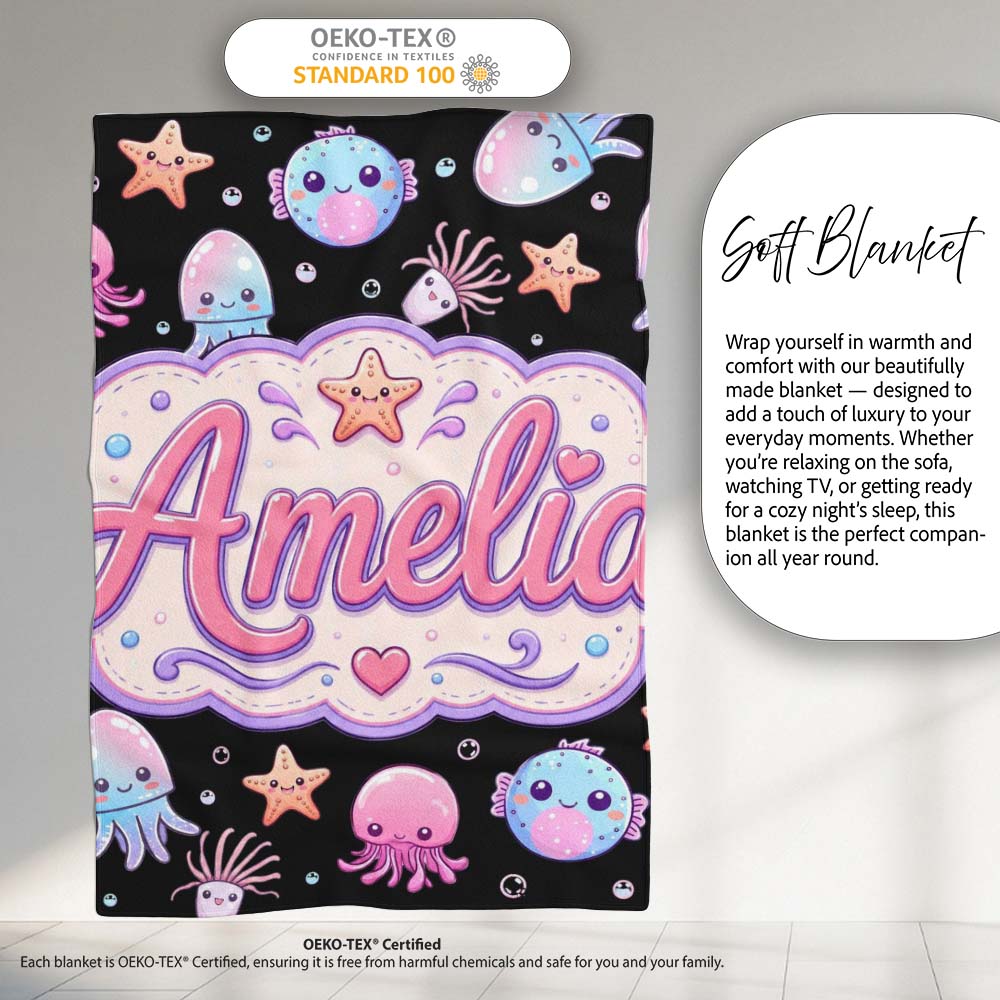 Kawaii Jellyfish Puffer Fish Starfish Pastel Ocean Creatures Black Personalised Custom Name Super Soft Fleece Blanket Bed Sofa Throw