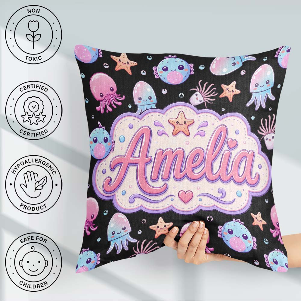 Custom Name Kawaii Jellyfish Fish Starfish Ocean Creatures Black Square Filled Cushion Throw Pillow Sofa Bed Home Decor Zip Washable UK Made