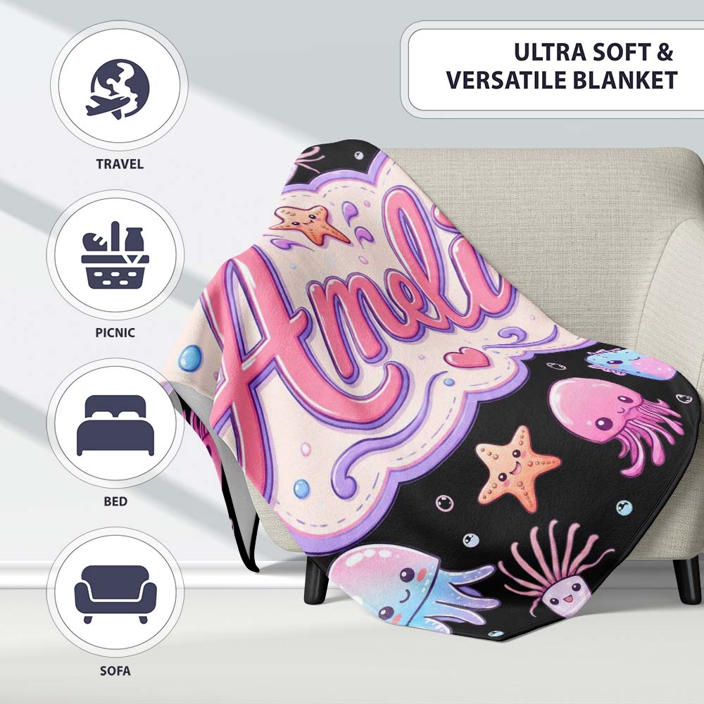Kawaii Jellyfish Puffer Fish Starfish Pastel Ocean Creatures Black Personalised Custom Name Super Soft Fleece Blanket Bed Sofa Throw