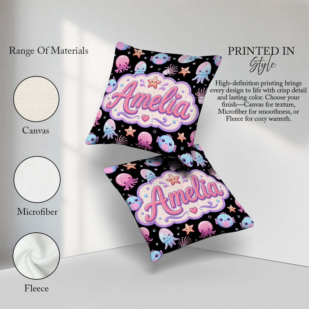 Custom Name Kawaii Jellyfish Fish Starfish Ocean Creatures Black Square Filled Cushion Throw Pillow Sofa Bed Home Decor Zip Washable UK Made