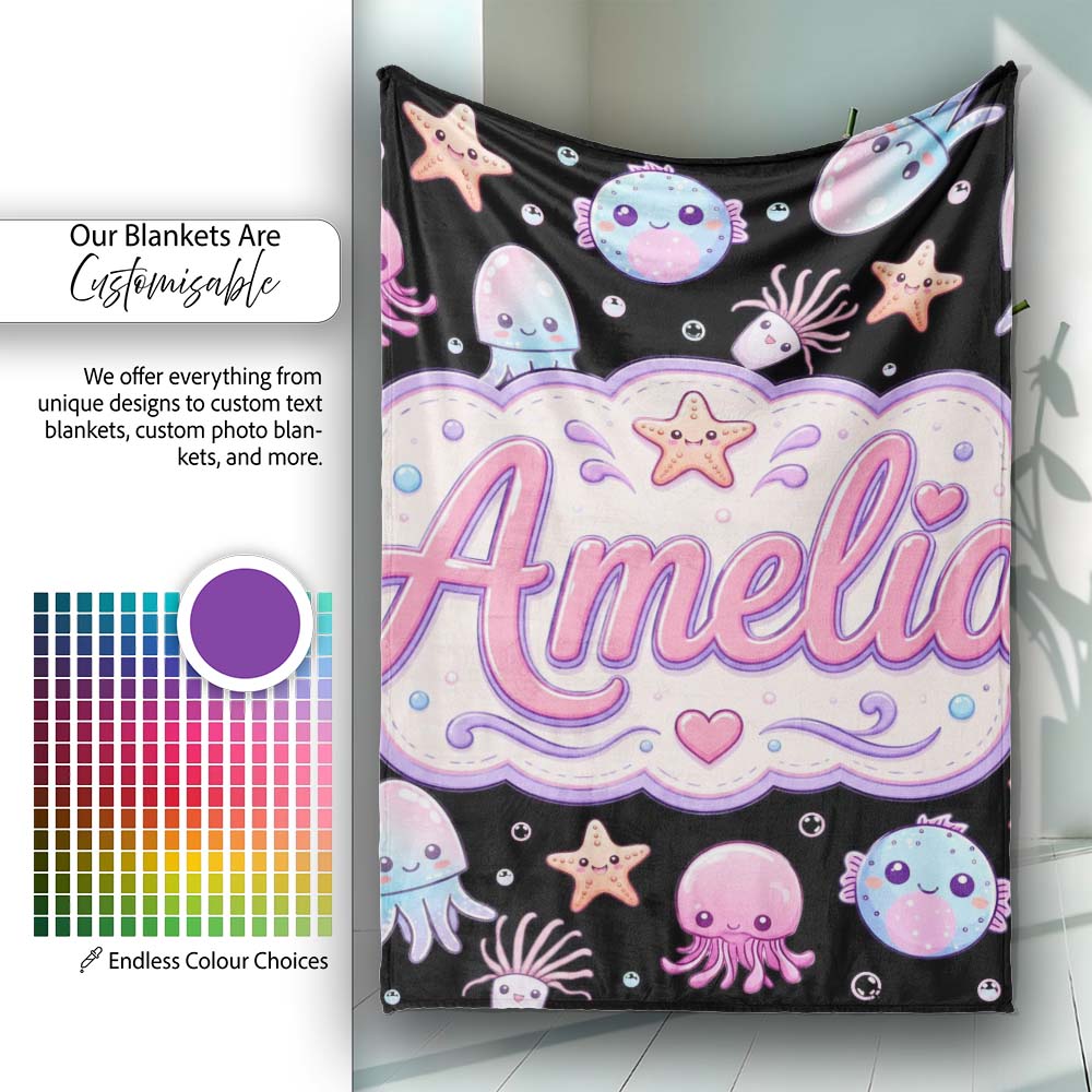 Kawaii Jellyfish Puffer Fish Starfish Pastel Ocean Creatures Black Personalised Custom Name Super Soft Fleece Blanket Bed Sofa Throw