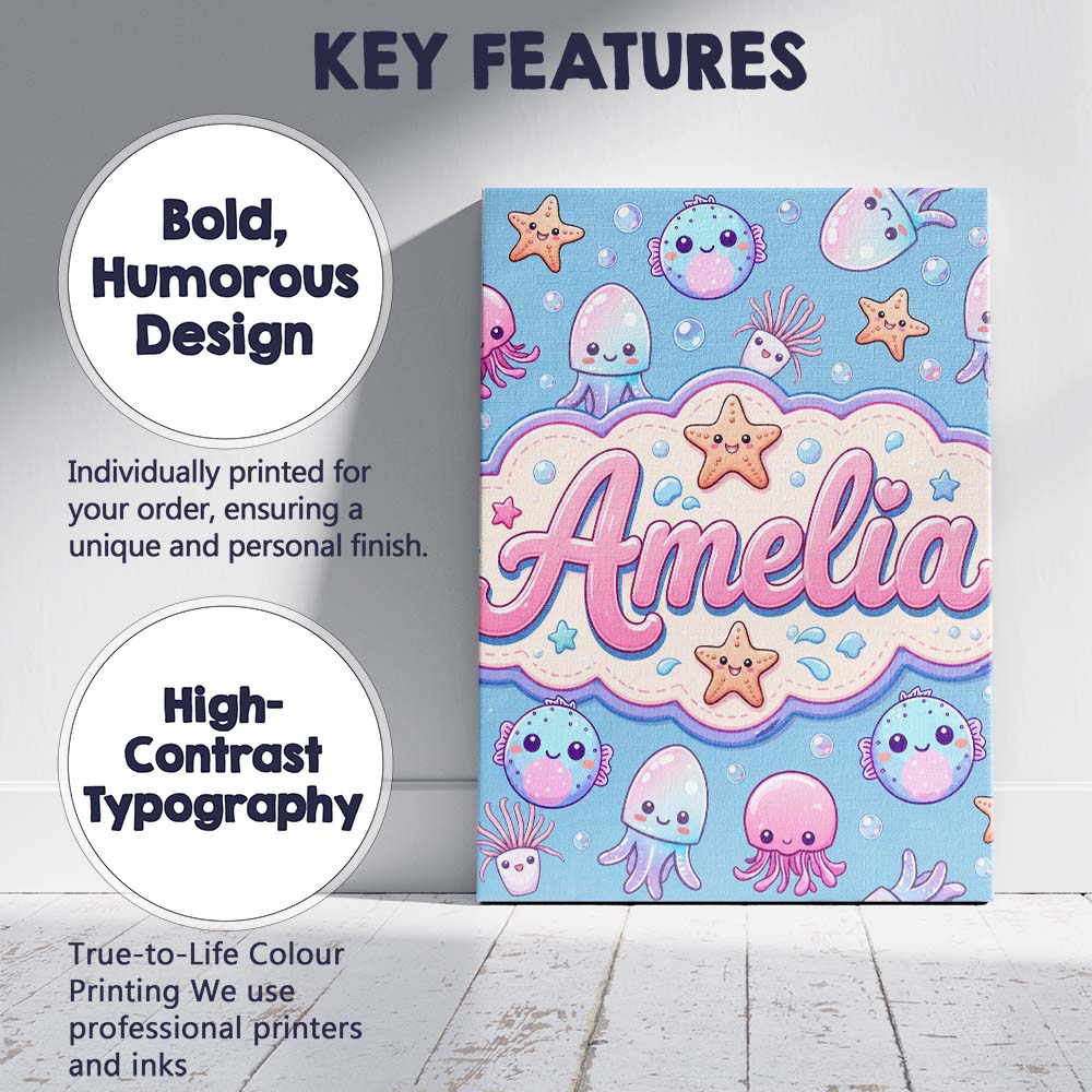 Personalised Name Kawaii Jellyfish Puffer Custom Unique Gift Idea Elegant Feature Canvas Wall Art Print Decor Picture Ready to Hang