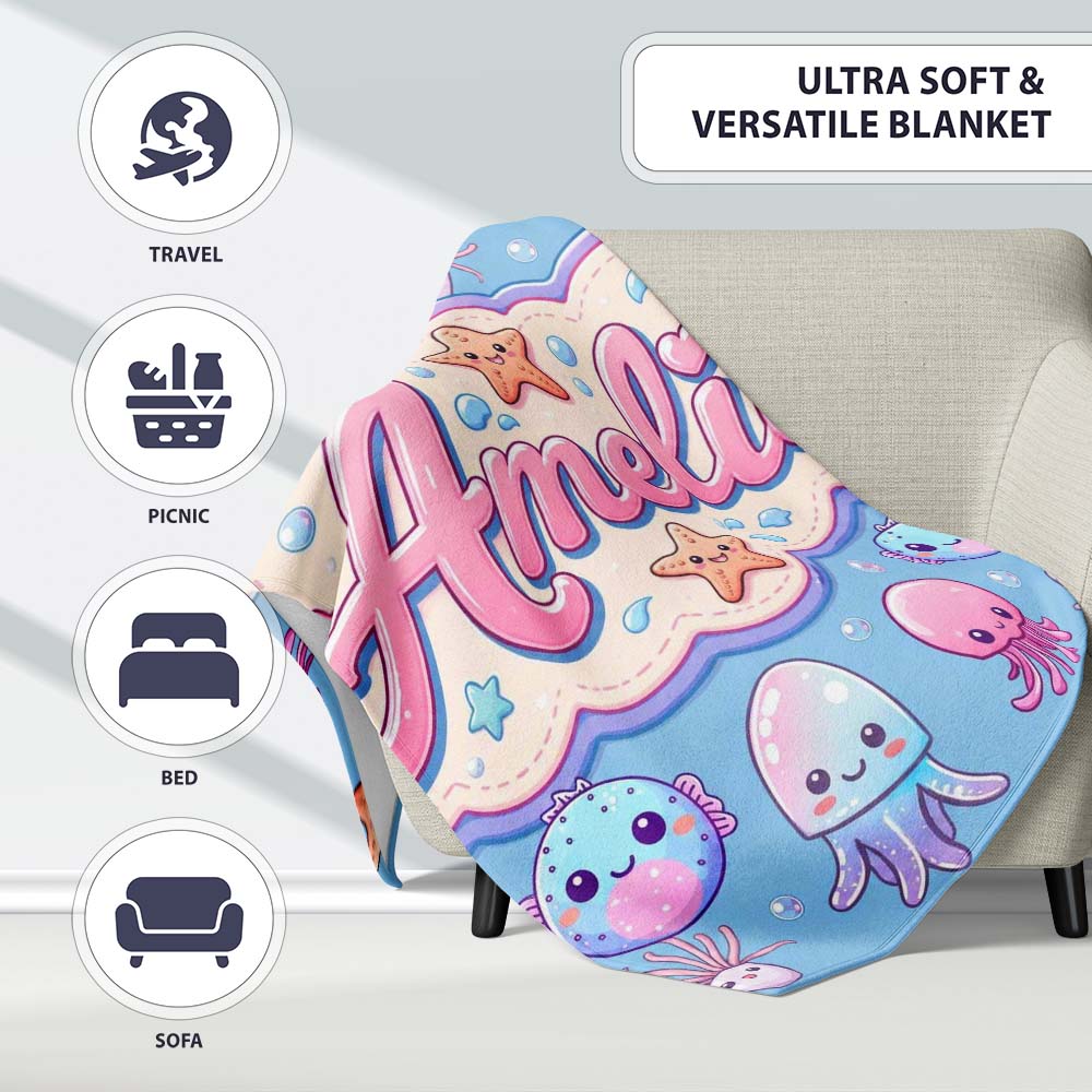 Kawaii Jellyfish Puffer Fish Starfish Pastel Ocean Creatures Blue Personalised Custom Name Super Soft Fleece Blanket Bed Sofa Throw