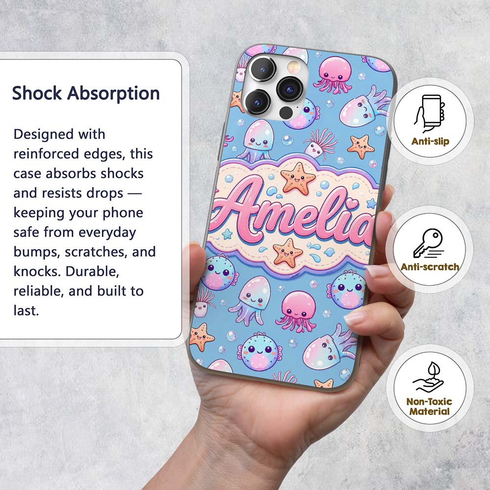 Kawaii Jellyfish Puffer Fish Starfish Pastel Custom Name Protective Phone Case Mobile Cover Durable Everyday Smartphone Shock Resistant