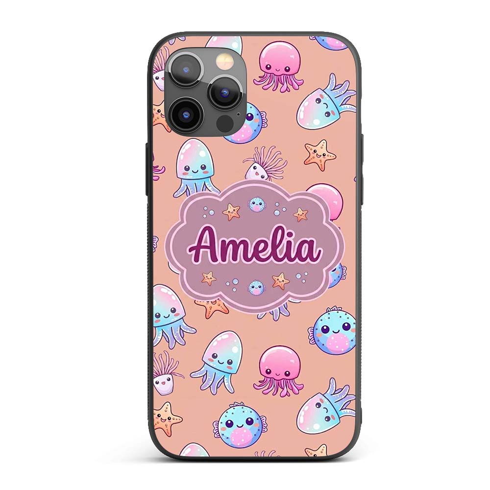 Kawaii Jellyfish Puffer Fish Starfish Pastel Custom Name Protective Phone Case Mobile Cover Durable Everyday Smartphone Shock Resistant