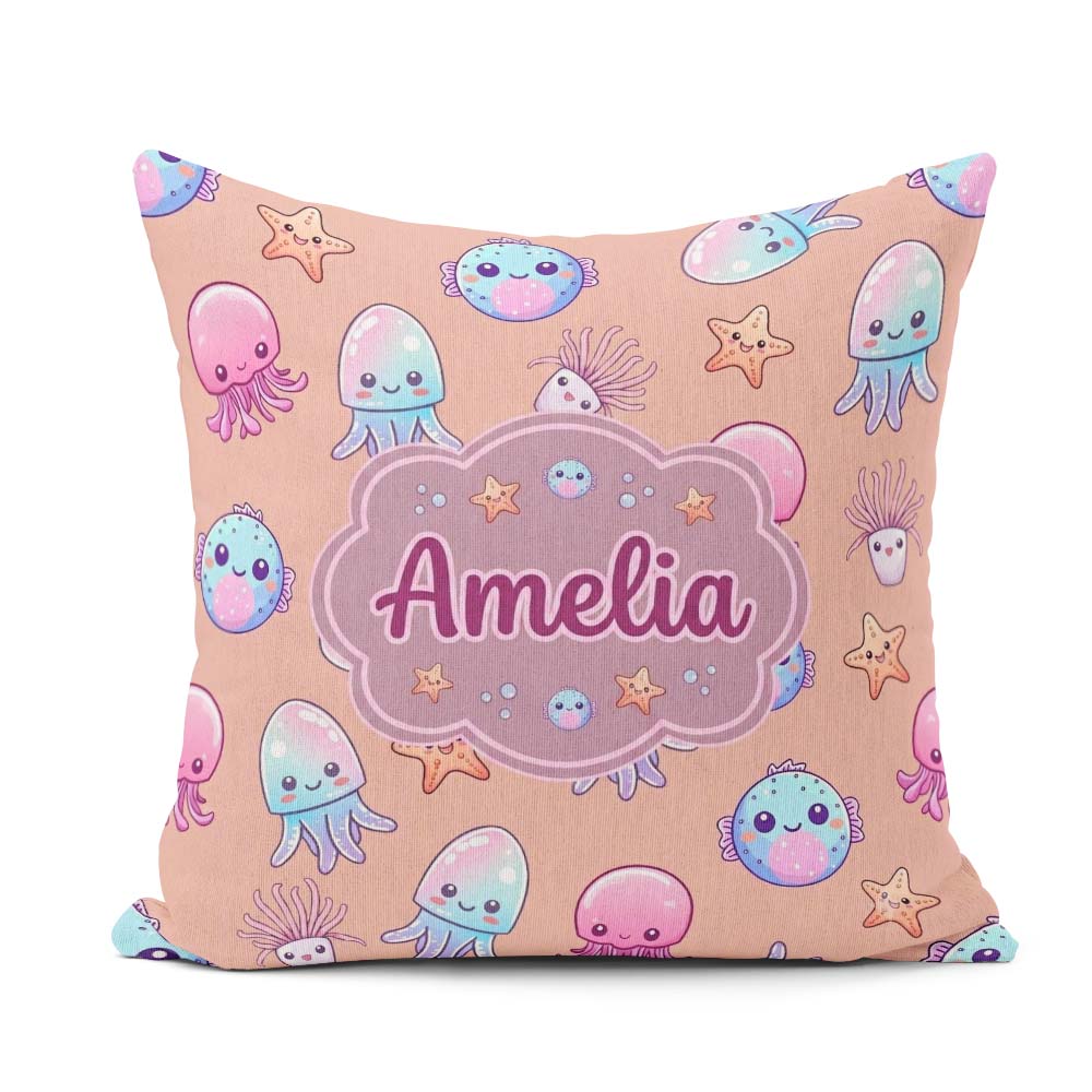 Custom Name Kawaii Jellyfish Fish Starfish Ocean Creatures Peach Square Filled Cushion Throw Pillow Sofa Bed Home Decor Zip Washable UK Made
