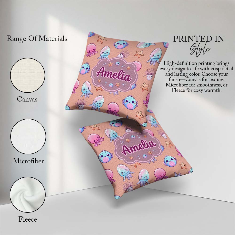 Custom Name Kawaii Jellyfish Fish Starfish Ocean Creatures Peach Square Filled Cushion Throw Pillow Sofa Bed Home Decor Zip Washable UK Made