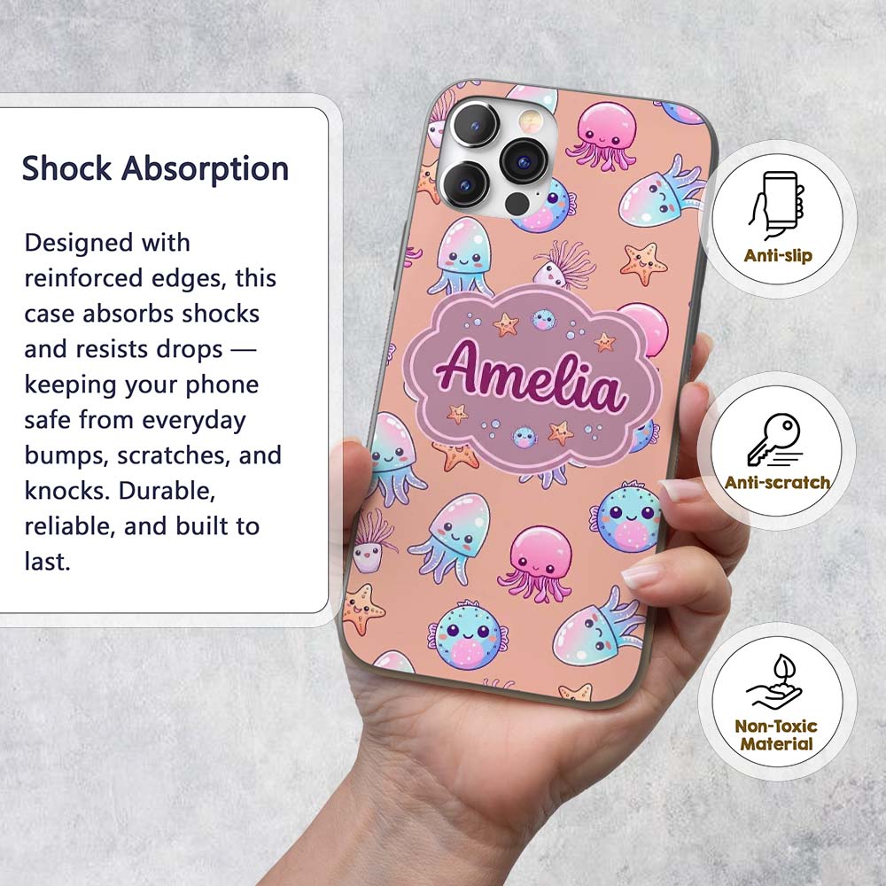 Kawaii Jellyfish Puffer Fish Starfish Pastel Custom Name Protective Phone Case Mobile Cover Durable Everyday Smartphone Shock Resistant
