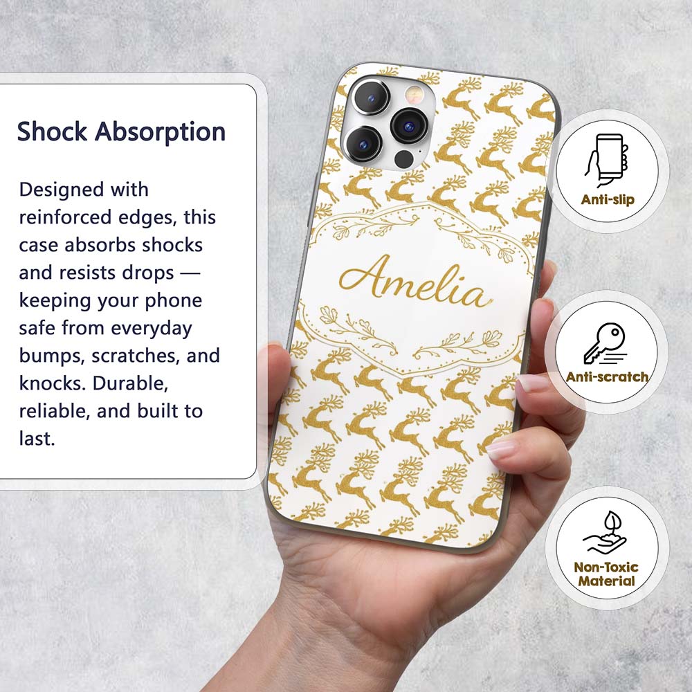 Gold Glitter Reindeer Christmas Seamless Pattern Custom Name Protective Phone Case Mobile Cover Durable Everyday Smartphone Shock Resistant