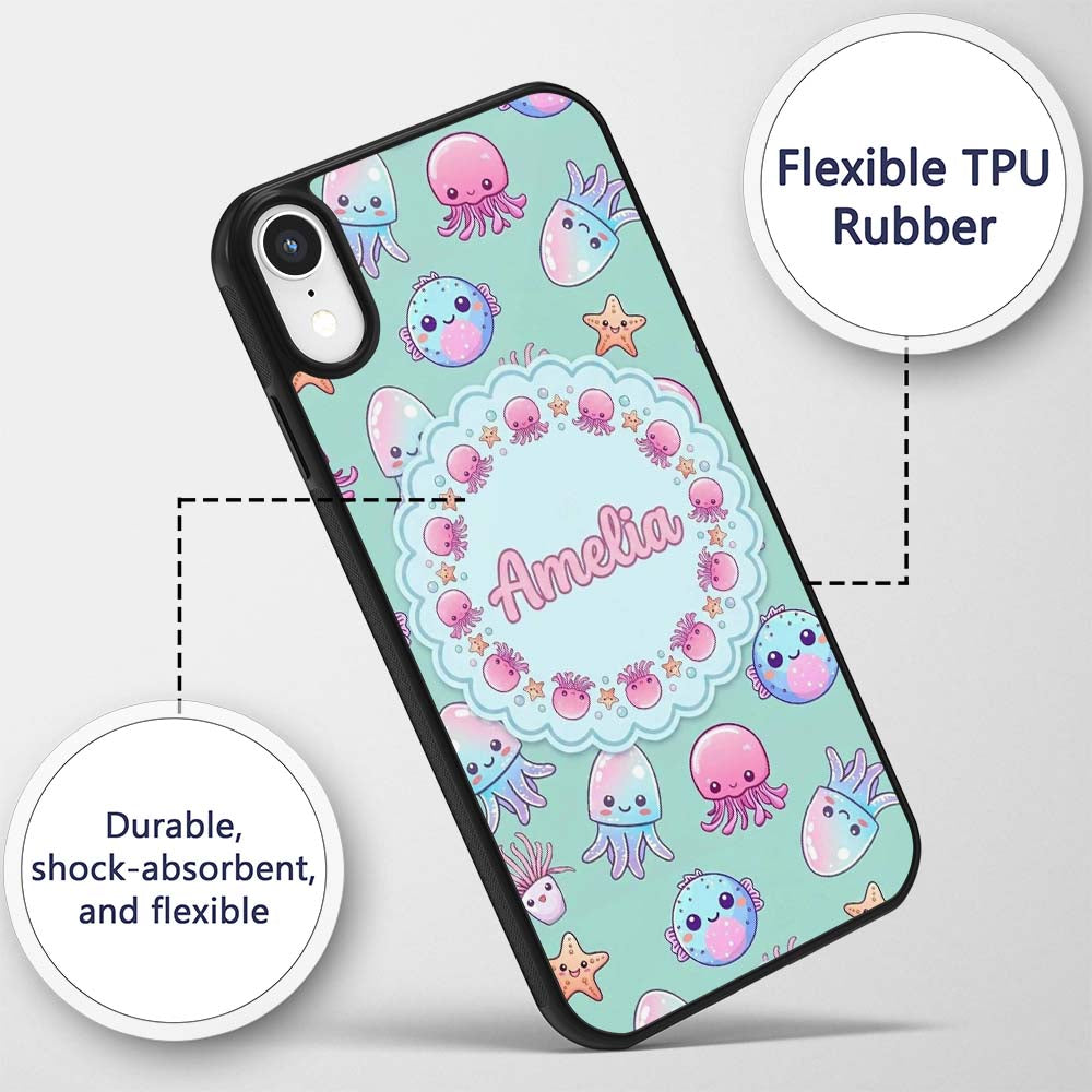 Kawaii Jellyfish Puffer Fish Starfish Pastel Custom Name Protective Phone Case Mobile Cover Durable Everyday Smartphone Shock Resistant