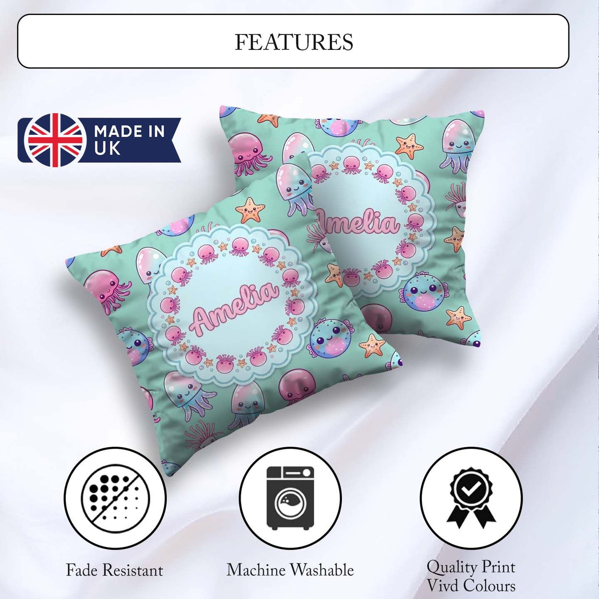 Custom Name Kawaii Jellyfish Puffer Fish Starfish Creatures Mint Square Filled Cushion Throw Pillow Sofa Bed Home Decor Zip Washable UK Made