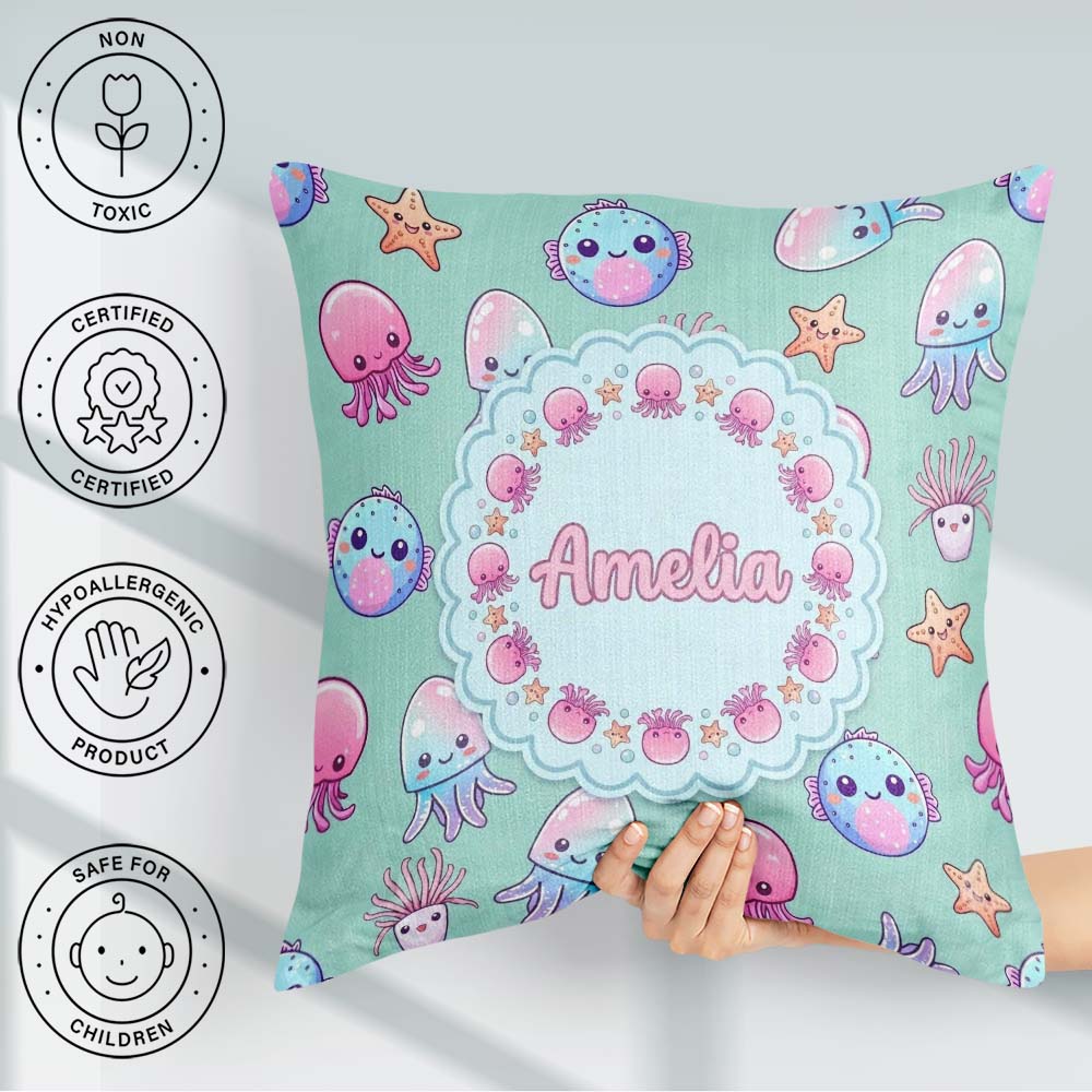 Custom Name Kawaii Jellyfish Puffer Fish Starfish Creatures Mint Square Filled Cushion Throw Pillow Sofa Bed Home Decor Zip Washable UK Made