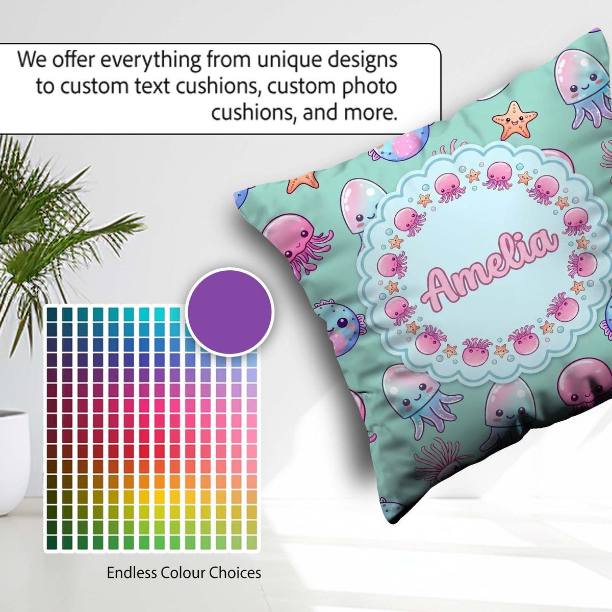 Custom Name Kawaii Jellyfish Puffer Fish Starfish Creatures Mint Square Filled Cushion Throw Pillow Sofa Bed Home Decor Zip Washable UK Made