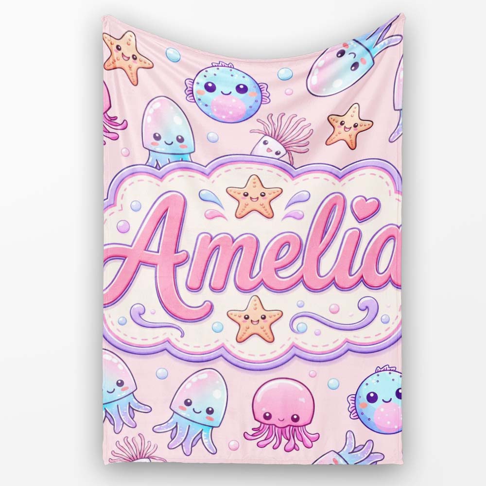 Kawaii Jellyfish Puffer Fish Starfish Pastel Ocean Creatures Pink Personalised Custom Name Super Soft Fleece Blanket Bed Sofa Throw