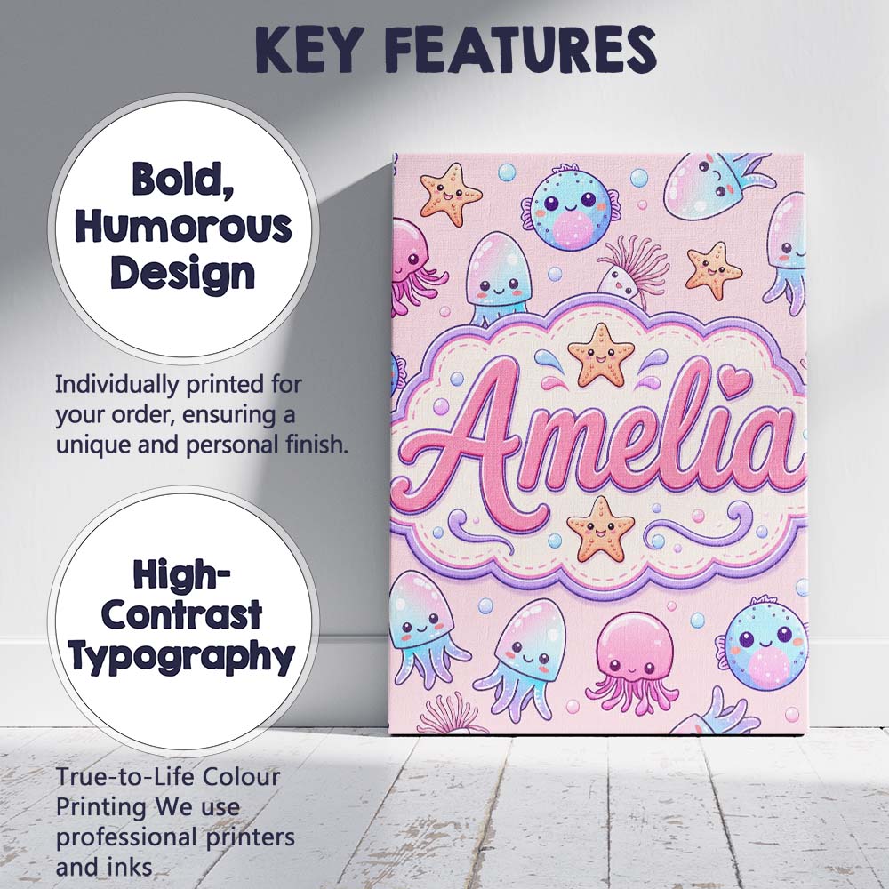 Personalised Name Kawaii Jellyfish Puffer Custom Unique Gift Idea Elegant Feature Canvas Wall Art Print Decor Picture Ready to Hang