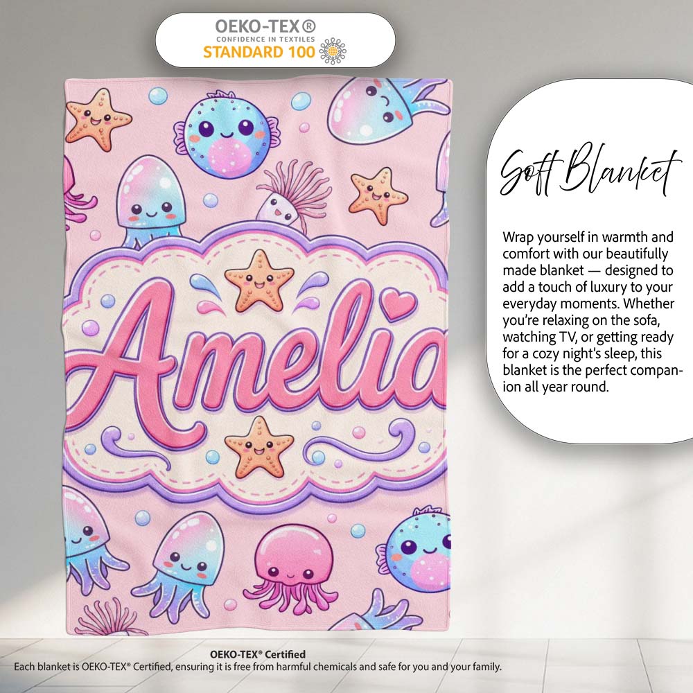Kawaii Jellyfish Puffer Fish Starfish Pastel Ocean Creatures Pink Personalised Custom Name Super Soft Fleece Blanket Bed Sofa Throw