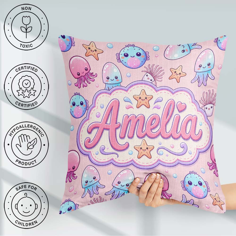 Custom Name Kawaii Jellyfish Puffer Fish Starfish Creatures Pink Square Filled Cushion Throw Pillow Sofa Bed Home Decor Zip Washable UK Made