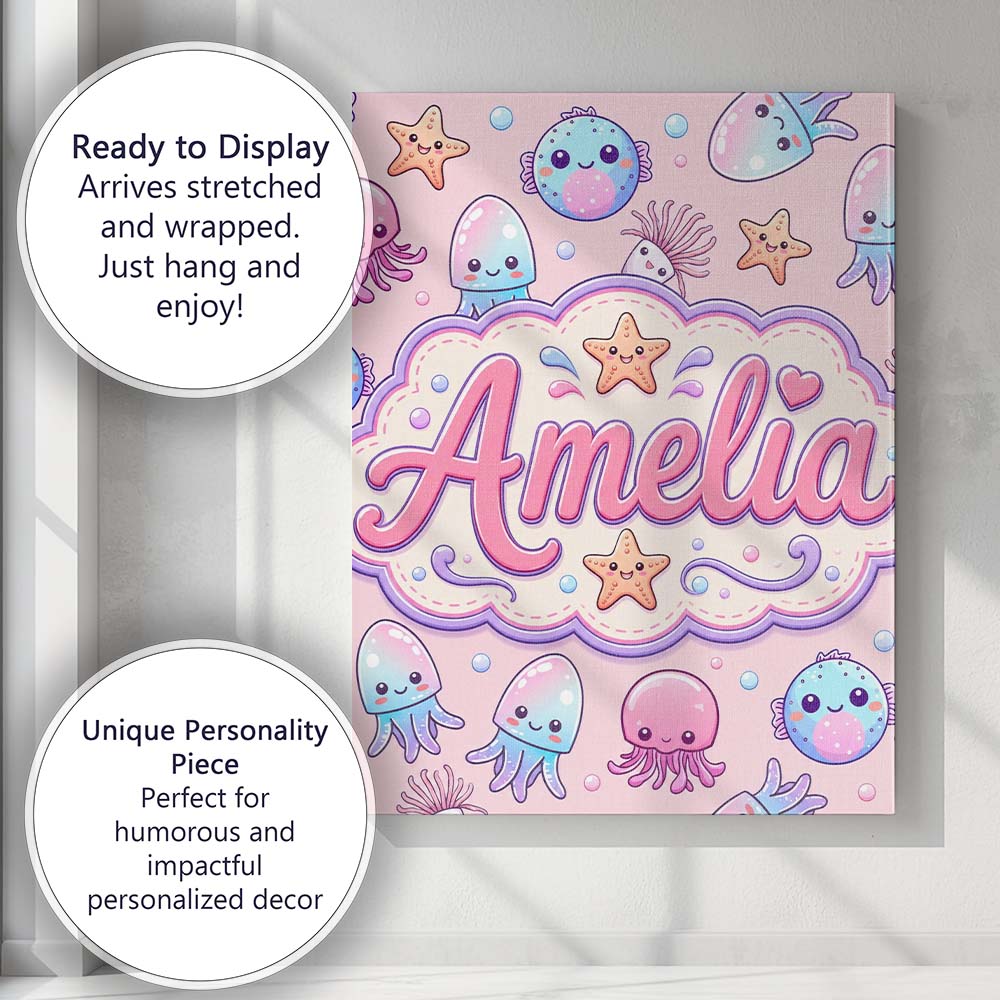 Personalised Name Kawaii Jellyfish Puffer Custom Unique Gift Idea Elegant Feature Canvas Wall Art Print Decor Picture Ready to Hang