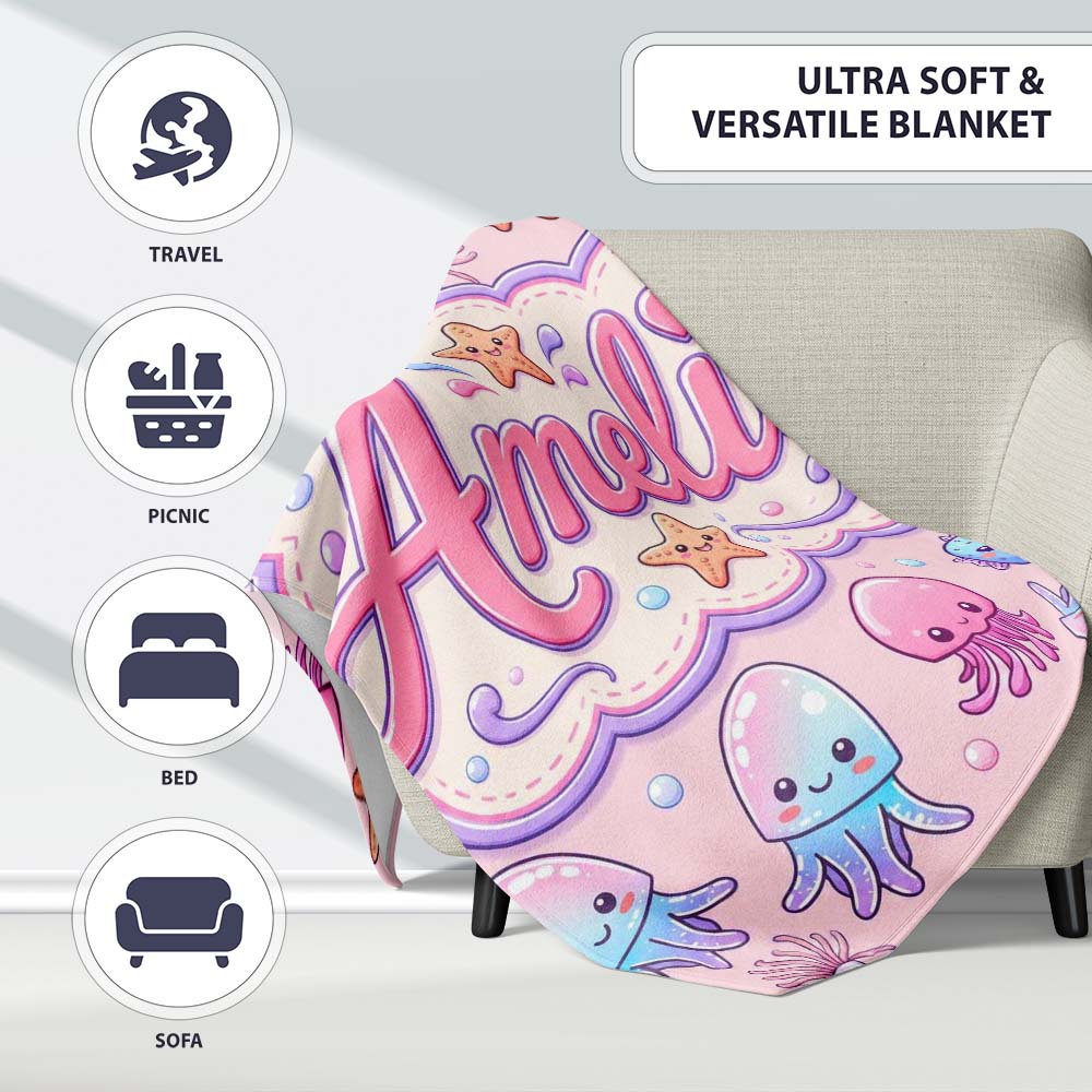 Kawaii Jellyfish Puffer Fish Starfish Pastel Ocean Creatures Pink Personalised Custom Name Super Soft Fleece Blanket Bed Sofa Throw