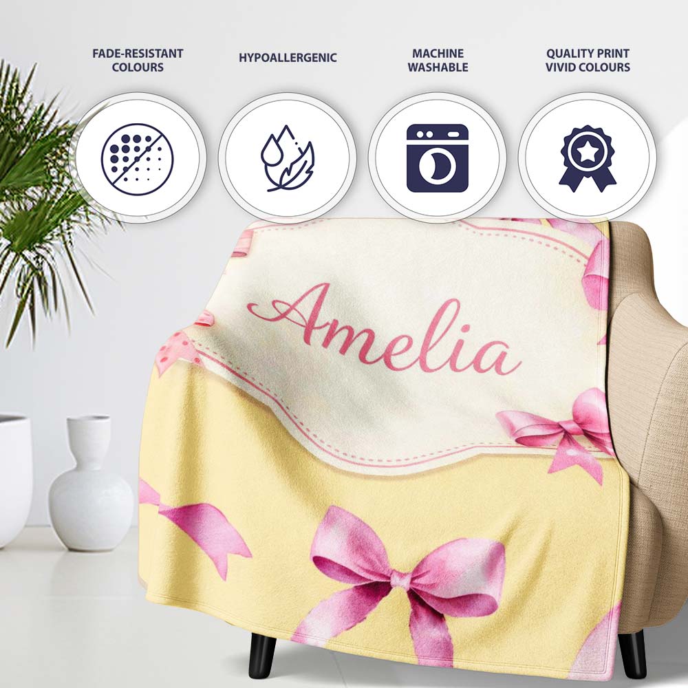 Watercolor Pink Ribbon Bow Seamless Pattern on Warm Yellow Lovely Personalised Custom Name Super Soft Fleece Blanket Bed Sofa Throw