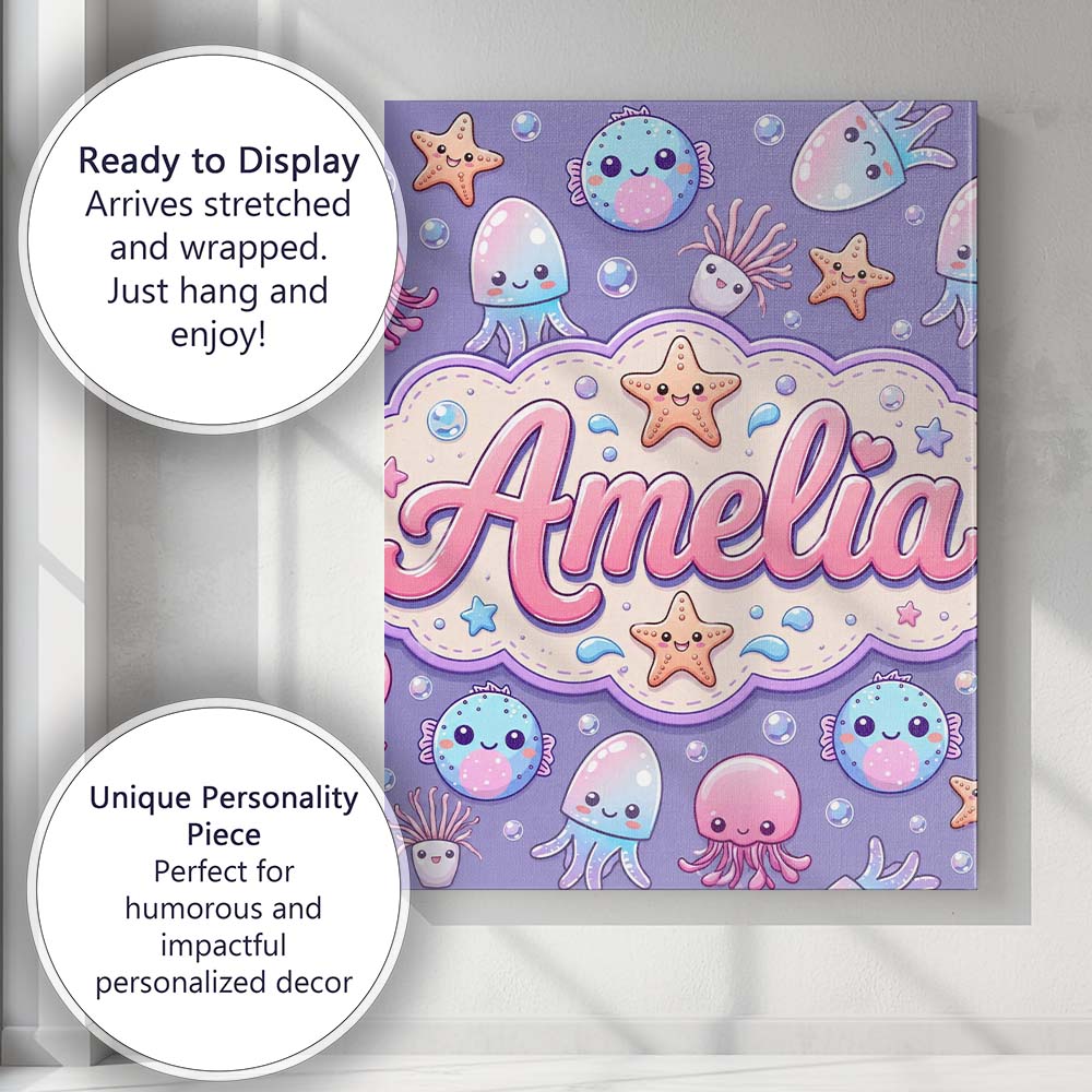 Personalised Name Jellyfish Puffer Fish Custom Modern Room Accent Elegant Feature Canvas Wall Art Print Decor Picture Ready to Hang