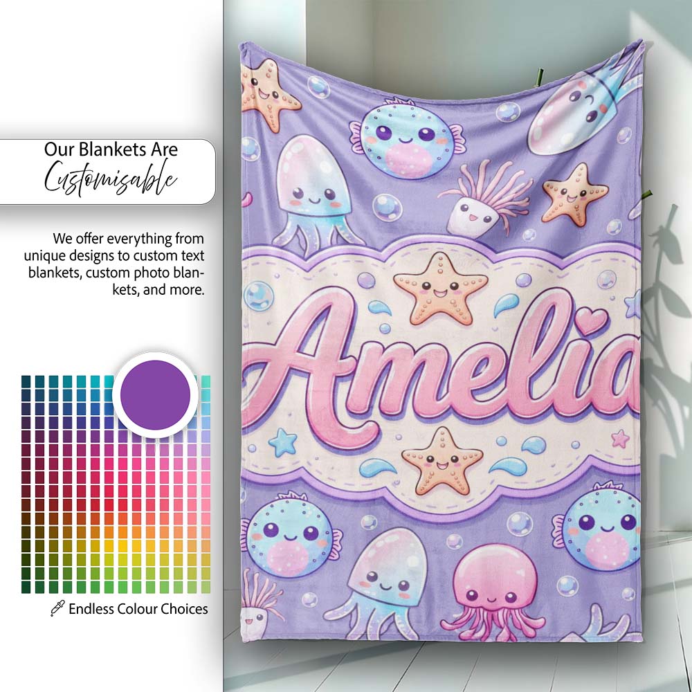 Jellyfish Puffer Fish Starfish Pastel Ocean Creatures Lavender Personalised Custom Name Super Soft Fleece Blanket Bed Sofa Throw