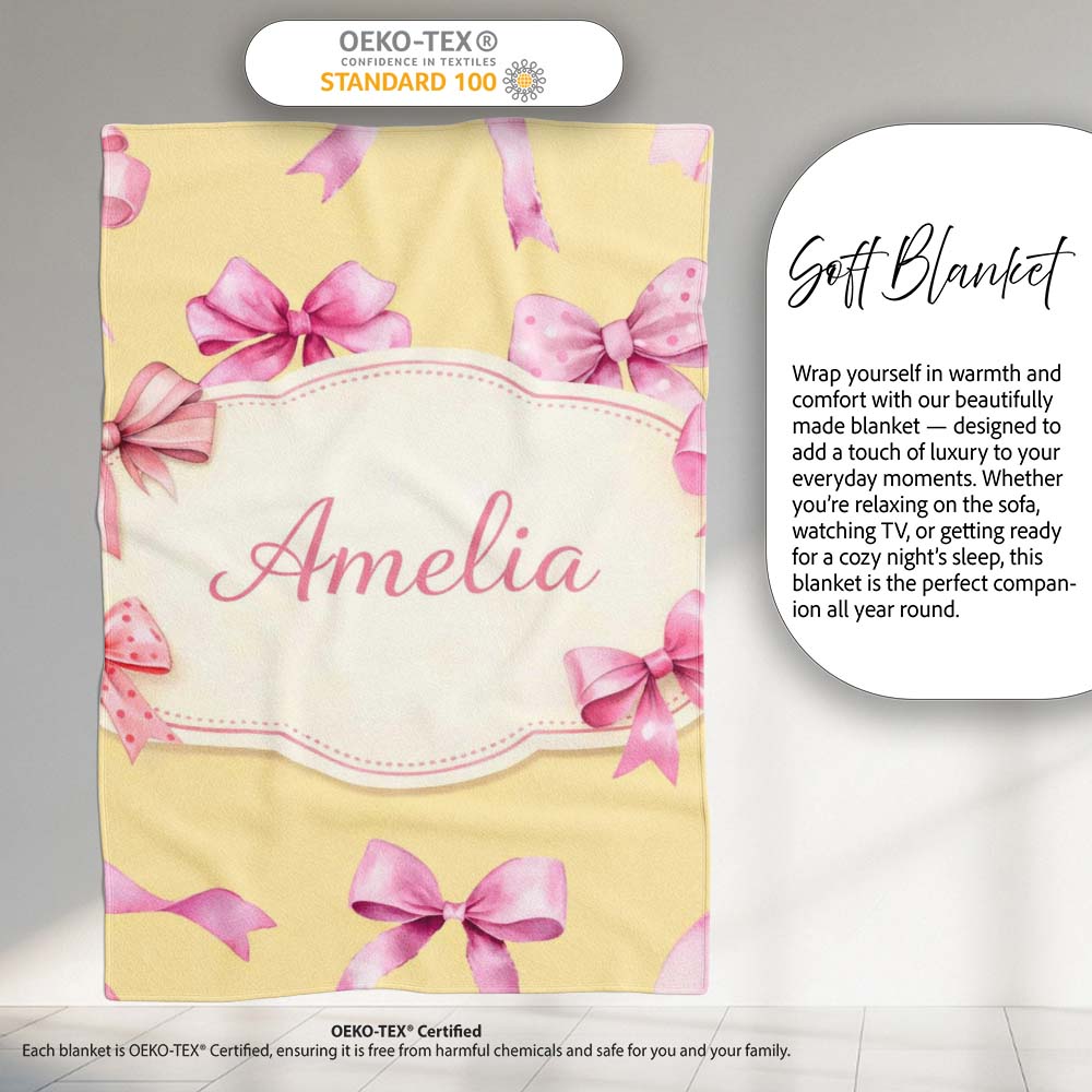Watercolor Pink Ribbon Bow Seamless Pattern on Warm Yellow Lovely Personalised Custom Name Super Soft Fleece Blanket Bed Sofa Throw
