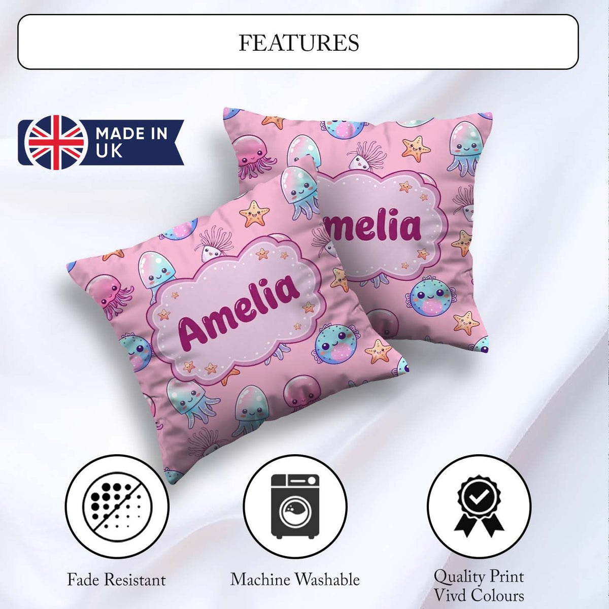 Custom Name Kawaii Jellyfish Puffer Fish Starfish Creatures Rose Square Filled Cushion Throw Pillow Sofa Bed Home Decor Zip Washable UK Made