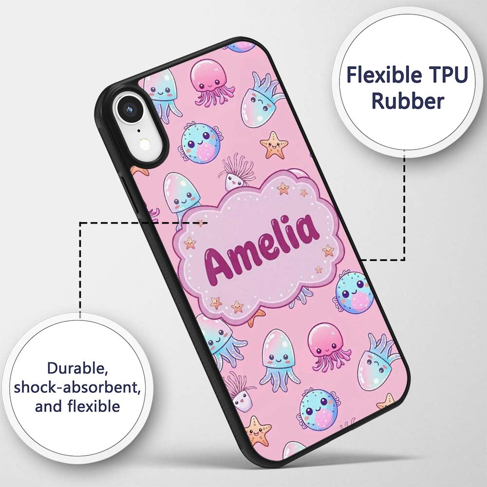 Kawaii Jellyfish Puffer Fish Starfish Pastel Custom Name Protective Phone Case Mobile Cover Durable Everyday Smartphone Shock Resistant