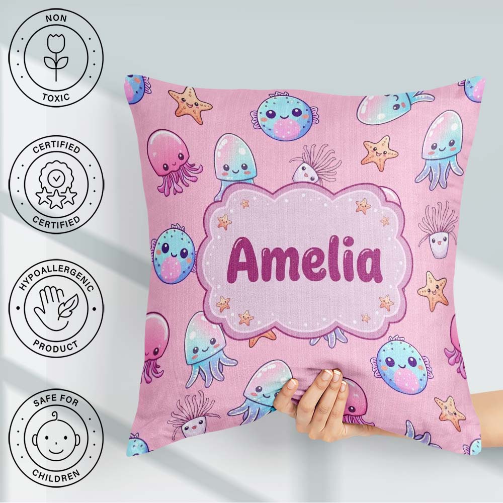 Custom Name Kawaii Jellyfish Puffer Fish Starfish Creatures Rose Square Filled Cushion Throw Pillow Sofa Bed Home Decor Zip Washable UK Made