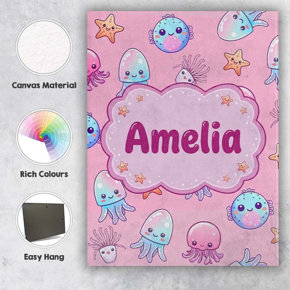 Personalised Name Kawaii Jellyfish Puffer Custom Unique Gift Idea Elegant Feature Canvas Wall Art Print Decor Picture Ready to Hang
