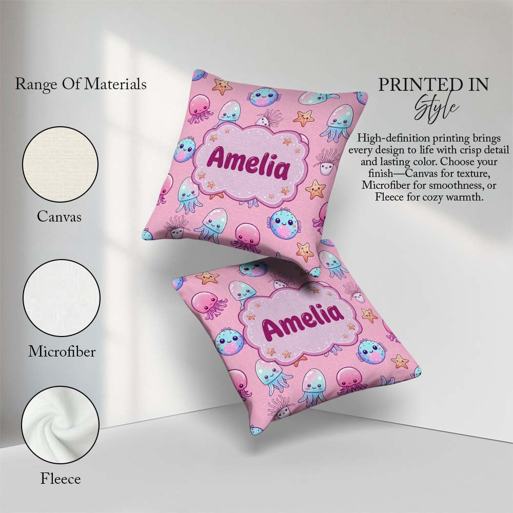 Custom Name Kawaii Jellyfish Puffer Fish Starfish Creatures Rose Square Filled Cushion Throw Pillow Sofa Bed Home Decor Zip Washable UK Made