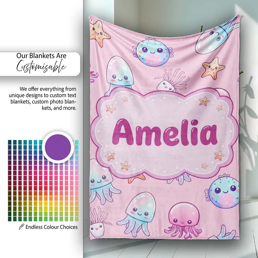 Kawaii Jellyfish Puffer Fish Starfish Pastel Ocean Creatures Rose Personalised Custom Name Super Soft Fleece Blanket Bed Sofa Throw