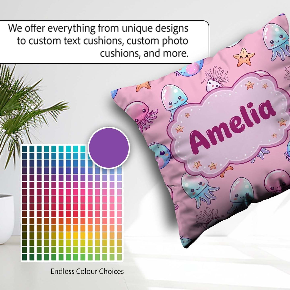 Custom Name Kawaii Jellyfish Puffer Fish Starfish Creatures Rose Square Filled Cushion Throw Pillow Sofa Bed Home Decor Zip Washable UK Made