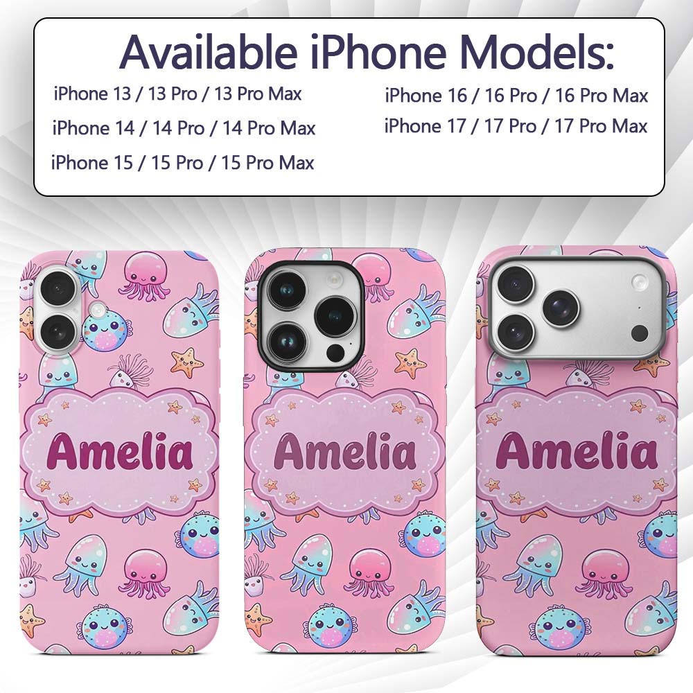 Kawaii Jellyfish Puffer Fish Starfish Pastel Custom Name Protective Phone Case Mobile Cover Durable Everyday Smartphone Shock Resistant