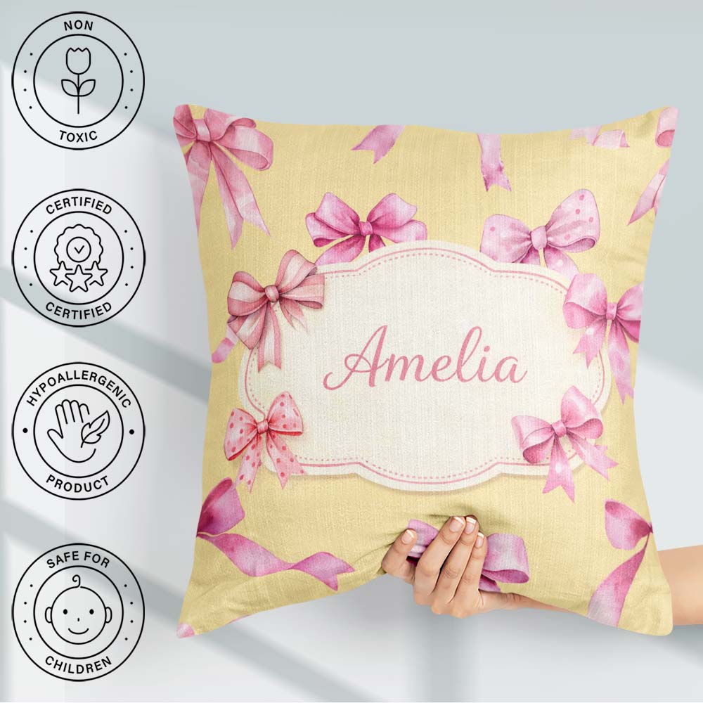 Custom Name Watercolor Pink Ribbon Bow Seamless Pattern on Warm Square Filled Cushion Throw Pillow Sofa Bed Home Decor Zip Washable UK Made