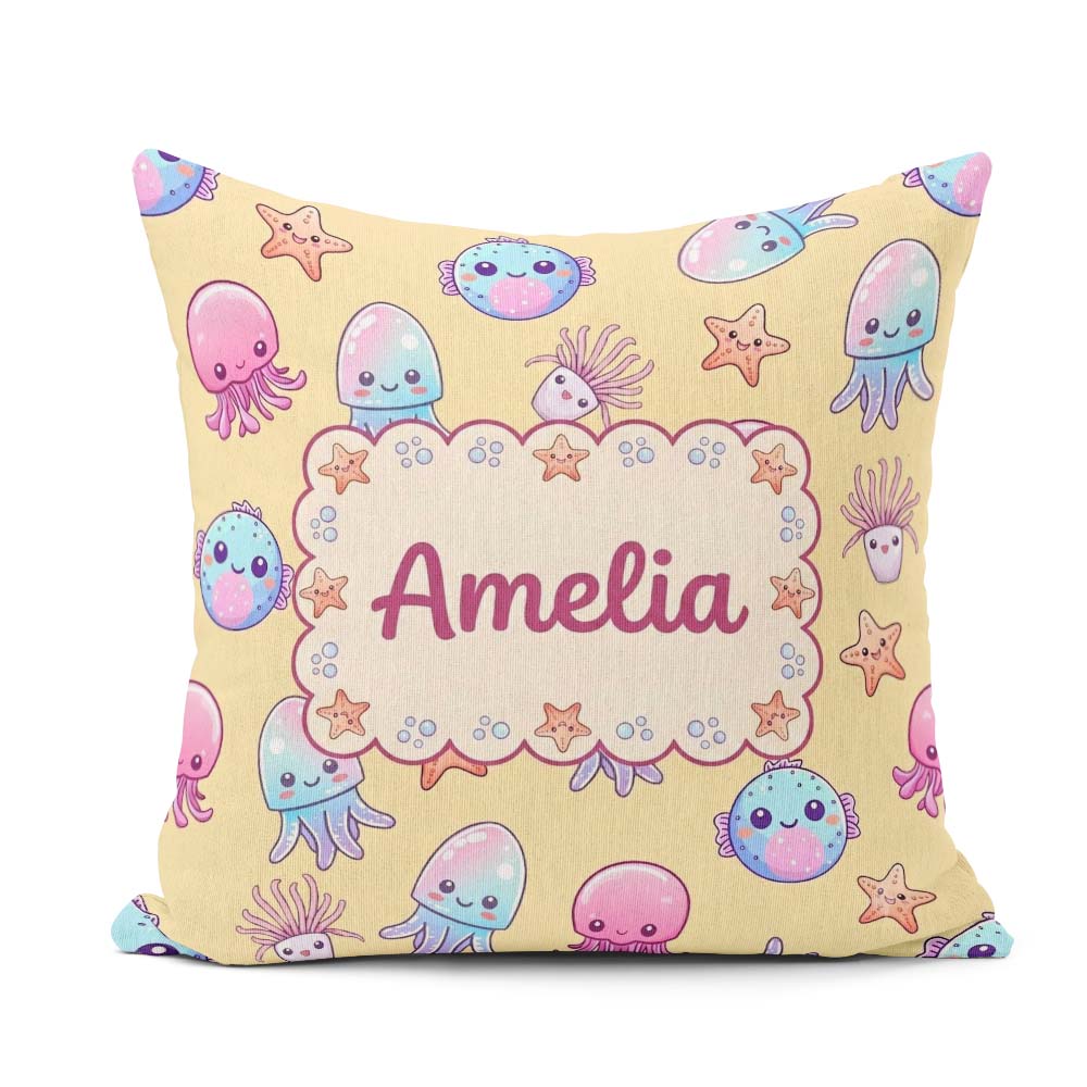 Custom Name Kawaii Jellyfish Puffer Starfish Pastel Ocean Yellow Square Filled Cushion Throw Pillow Sofa Bed Home Decor Zip Washable UK Made