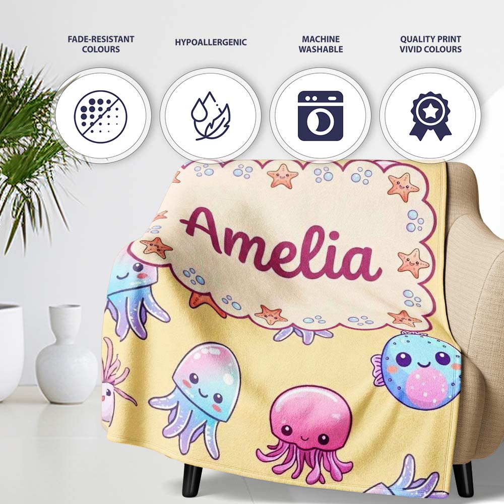 Kawaii Jellyfish Puffer Fish Starfish Pastel Ocean Creatures Yellow Personalised Custom Name Super Soft Fleece Blanket Bed Sofa Throw