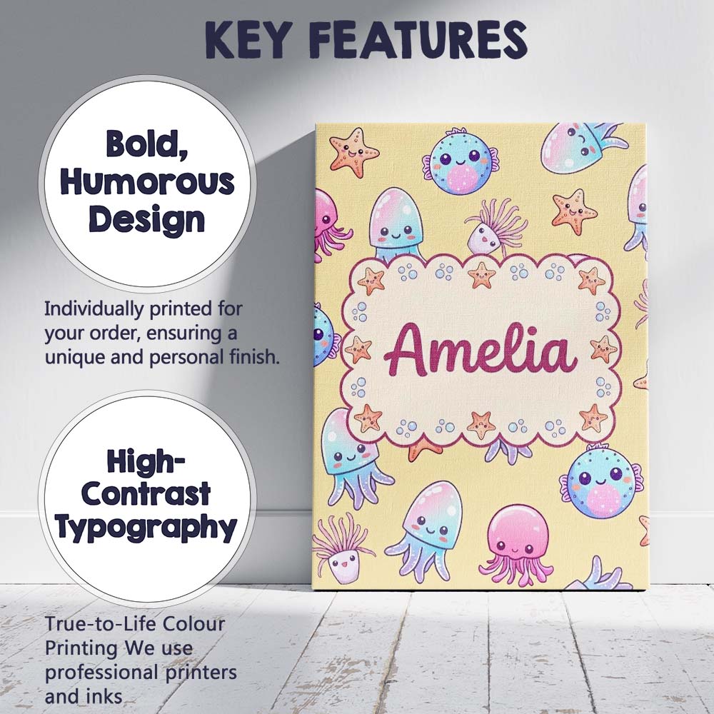 Personalised Name Kawaii Jellyfish Puffer Custom Unique Gift Idea Elegant Feature Canvas Wall Art Print Decor Picture Ready to Hang