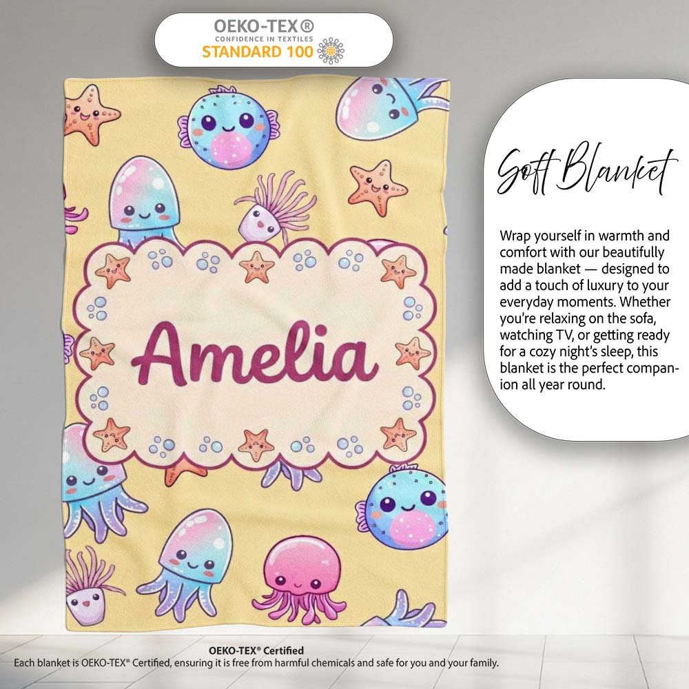 Kawaii Jellyfish Puffer Fish Starfish Pastel Ocean Creatures Yellow Personalised Custom Name Super Soft Fleece Blanket Bed Sofa Throw