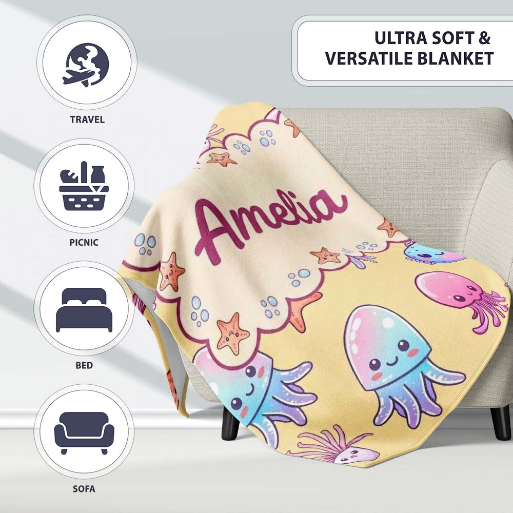 Kawaii Jellyfish Puffer Fish Starfish Pastel Ocean Creatures Yellow Personalised Custom Name Super Soft Fleece Blanket Bed Sofa Throw