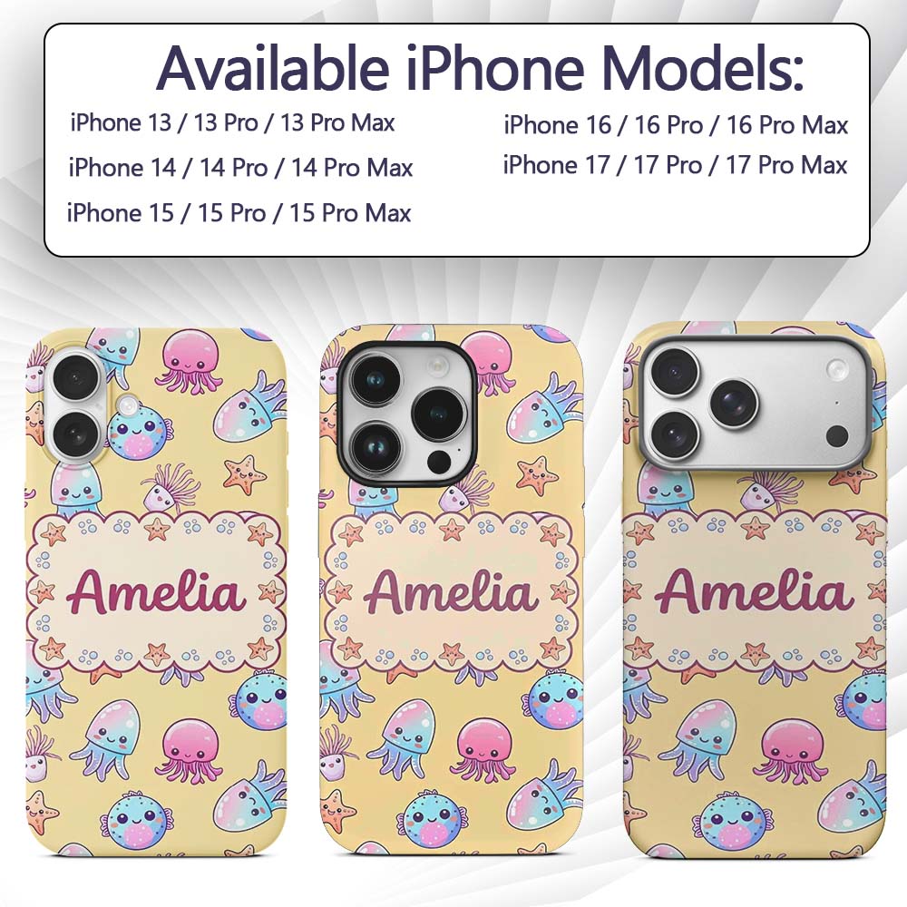 Kawaii Jellyfish Puffer Fish Starfish Pastel Custom Name Protective Phone Case Mobile Cover Durable Everyday Smartphone Shock Resistant