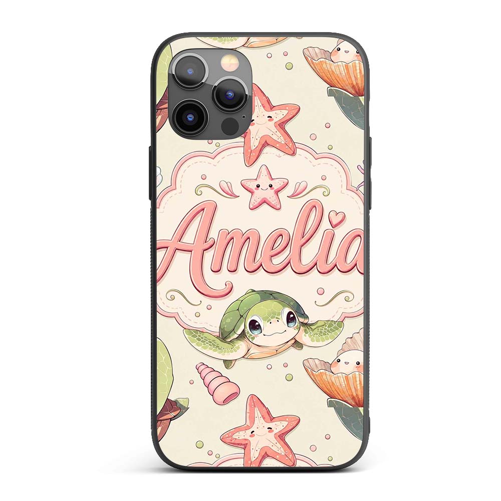 Cute Kawaii Sea Turtle Starfish Shells Ocean Custom Name Protective Phone Case Mobile Cover Durable Everyday Smartphone Shock Resistant