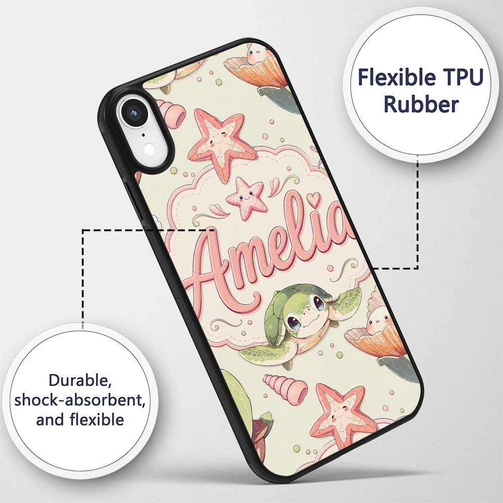 Cute Kawaii Sea Turtle Starfish Shells Ocean Custom Name Protective Phone Case Mobile Cover Durable Everyday Smartphone Shock Resistant